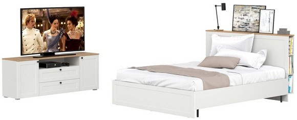 Остин 11.53 Кровать + ортопед + 16.47 Тумба под ТВ, белый шагрень/дуб крафт золотой