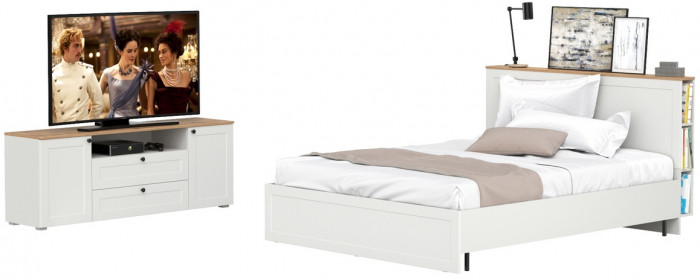 Остин 11.53 Кровать + ортопед + 16.47 Тумба под ТВ, белый шагрень/дуб крафт золотой