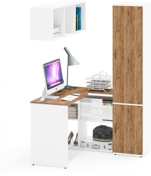 Лидер-8 Стол + Полка + Пенал МД 22Б, белый шагрень/крафт золото