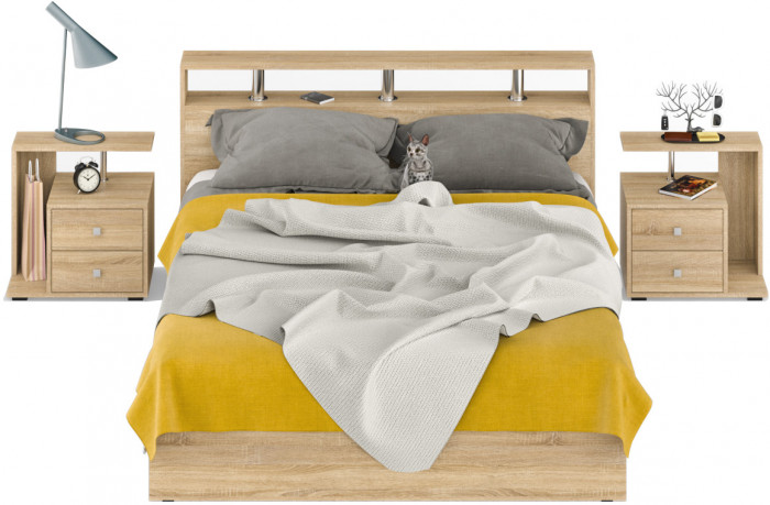 Камелия Кровать с ящиками 1600 + две тумбы, цвет дуб сонома, ШхГхВ 276х217х78,2 см., сп.м. 1600х2000 мм., без матраса, основание есть