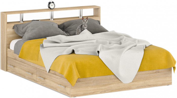 Камелия Кровать с ящиками 1600 + две тумбы, цвет дуб сонома, ШхГхВ 276х217х78,2 см., сп.м. 1600х2000 мм., без матраса, основание есть