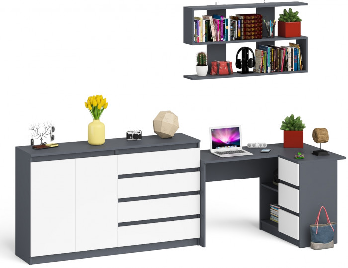 Мори компьютерный стол МС-16 правый + Комод МК1600.1 + Полка 1200, графит/белый
