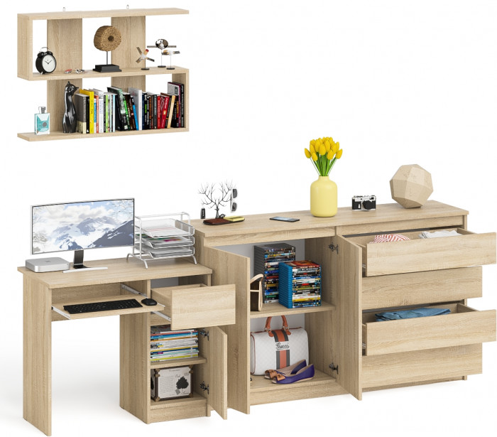 Мори Стол компьютерный МС-1 правый + Комод МК1600.1 + Полка 900, цвет дуб сонома, ШхГхВ 250,4х50х209,6 см., НЕ универсальная сборка
