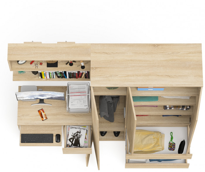 Мори Стол компьютерный МС-1 правый + Шкаф МШ1200.1 + Полка 900, цвет дуб сонома, ШхГхВ 210,4х50,4х209,6 см., НЕ универсальная сборка