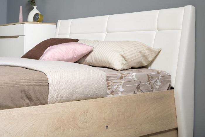 Муссон Кровать 11.28 + подъёмный ортопед + Бостон 12.69 + Зеркало СВК, цвет белый/дуб эндгрейн элегантный/кожзам белый, сп. м. 1600х2000 мм., б/м