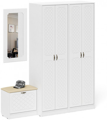 Прихожая П-6 Компоновка № 08, цвет белая шагрень/фасады МДФ белое дерево фрезеровка ромб, ШхГхВ 180х50х210 см., универсальная сборка