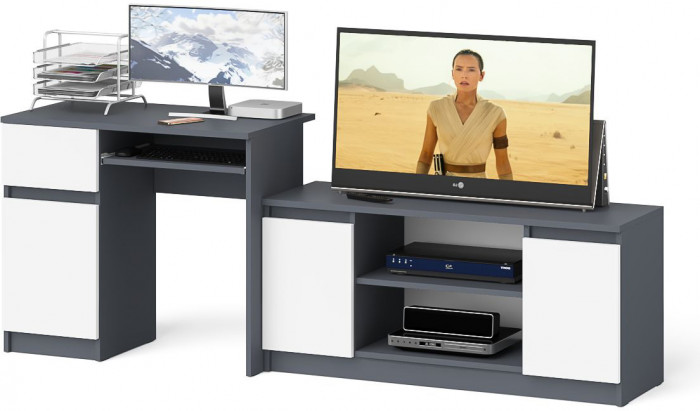 Мори компьютерный стол МС-1 левый + Тумба МТВ1200.1, графит/белый