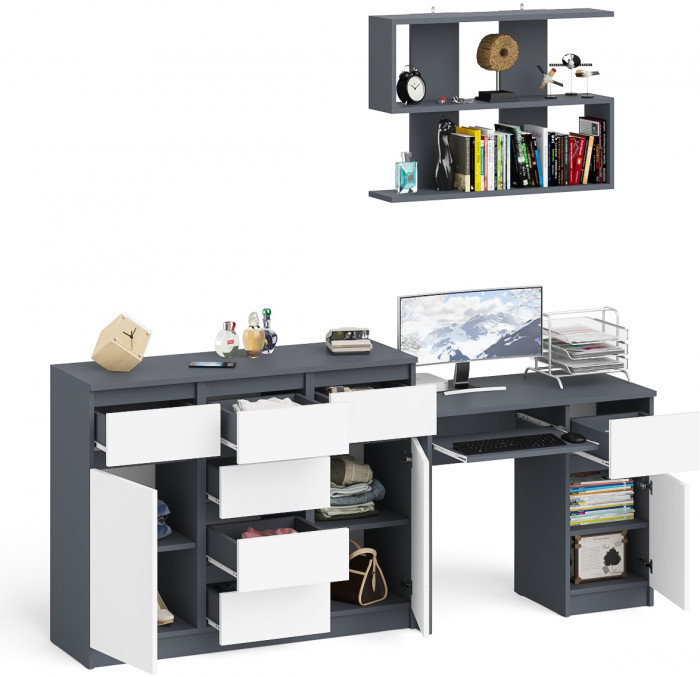 Мори компьютерный стол МС-1 правый + Комод МК1200.4 + Полка 900, графит/белый