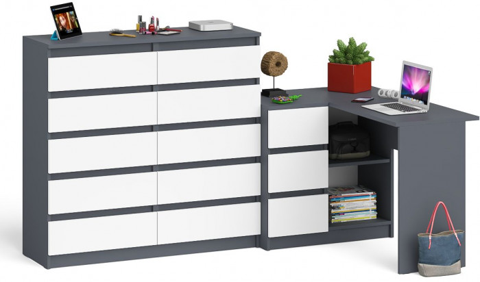 Мори компьютерный стол МС-16 левый + Комод МК1200.10, графит/белый