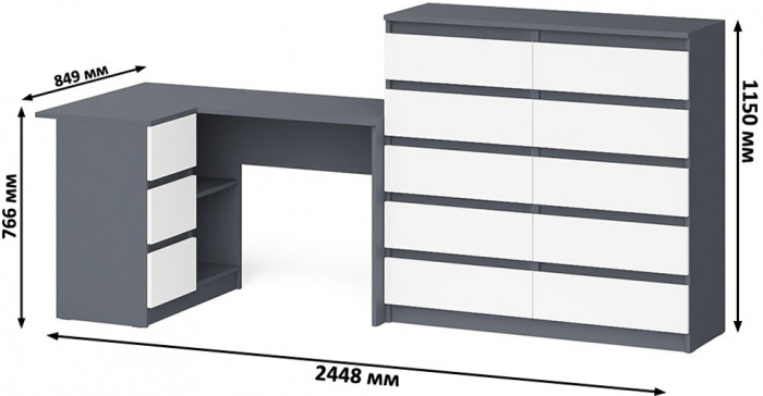Мори компьютерный стол МС-16 левый + Комод МК1200.10, графит/белый