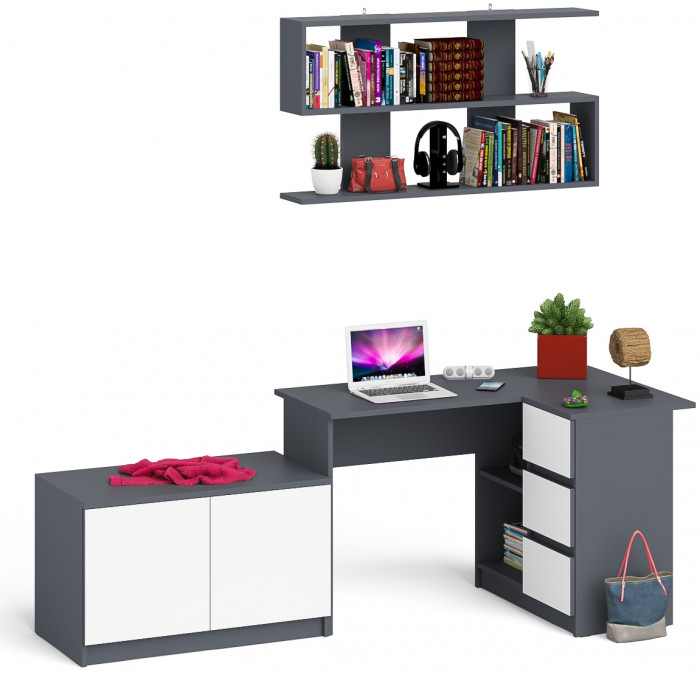 Мори компьютерный стол МС-16 правый + Тумба МА900.1 + Полка 1200, графит/белый