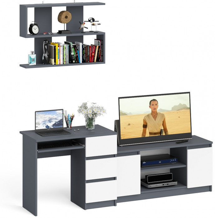 Мори компьютерный стол МС-6 правый + Тумба МТВ1200.1 + Полка 900, графит/белый