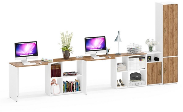 Лидер-8 Стол + Стол + Пенал МД 22Б + Тумба МД 3.19, цвет белый шагрень/крафт золото, ШхГхВ 410х50/37,5х75/190 или 230х160/50х75/190 см., НЕ ун. сб.