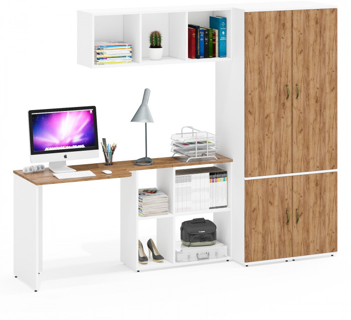 Лидер-8 Стол + Полка + Пенал МД 23Б + Пенал МД 23Б, белый шагрень/крафт золото