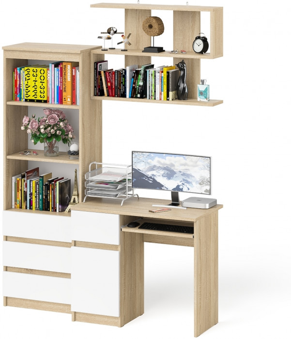 Мори компьютерный стол МС-1 левый + Стеллаж МСТ600.3 + Полка 900, дуб сонома/белый