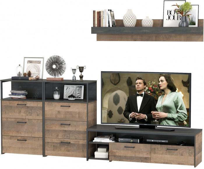 Трувор 13.70 Тумба под ТВ + 13.307.02 Комод + 13.307.02 Комод + 15.60 Полка, цвет дуб гранж песочный/интра, ШхГхВ 281,8х45,4х195 см., универс. сборка