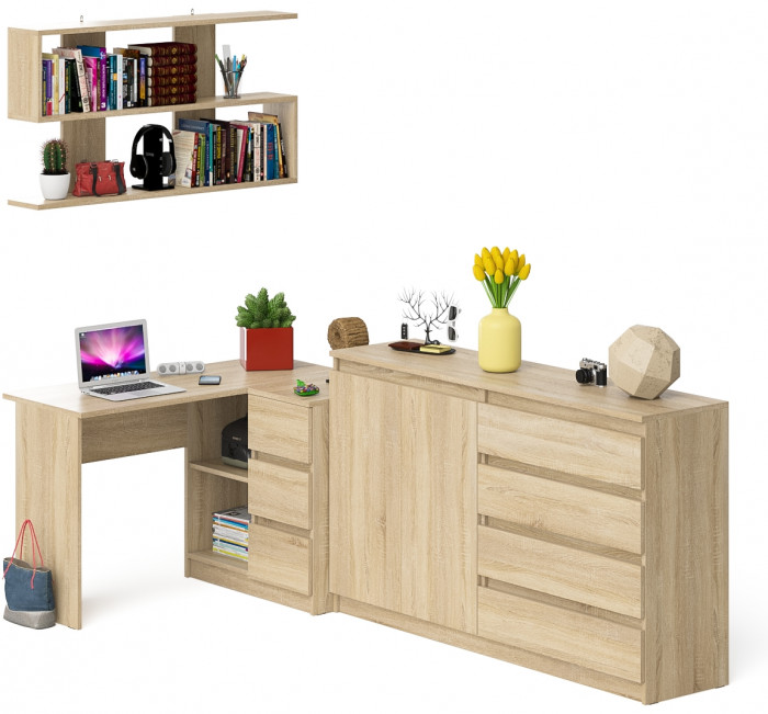 Мори компьютерный стол МС-16 правый + Комод МК1600.1 + Полка 1200, дуб сонома