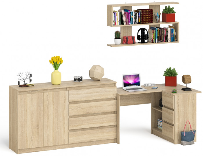 Мори компьютерный стол МС-16 правый + Комод МК1600.1 + Полка 1200, дуб сонома