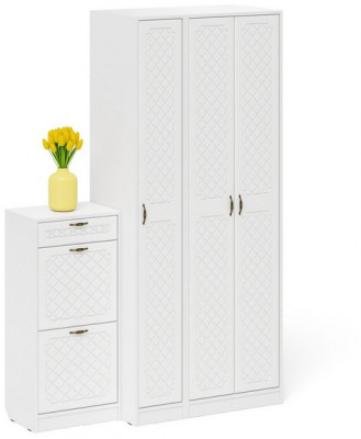 Прихожая П-6 Компоновка № 48, цвет белая шагрень/фасады МДФ белое дерево фрезеровка ромб, ШхГхВ 140х50х210 см., универсальная сборка