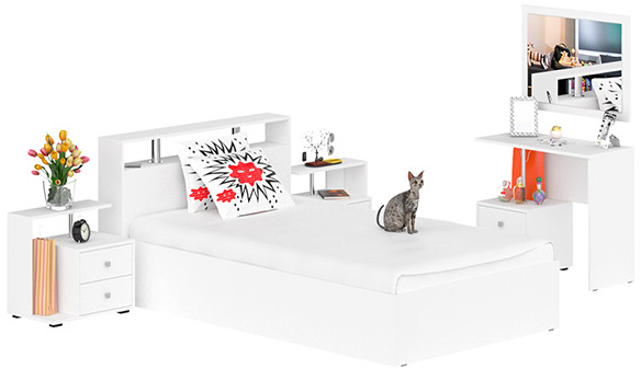 Камелия спальня № 6 Кровать 1200 + Две тумбы + Стол косметический + Зеркало, белый