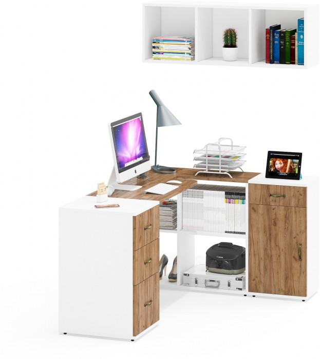 Лидер-8 Стол + Полка + Тумба МД 3.15 + Тумба МД 3.16, белый шагрень/крафт золото