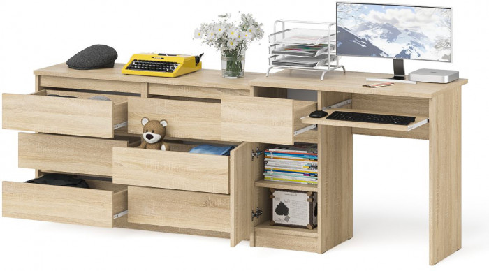 Мори компьютерный стол МС-1 левый + Комод МК1200.6, дуб сонома