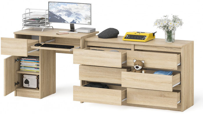Мори компьютерный стол МС-1 левый + Комод МК1200.6, дуб сонома