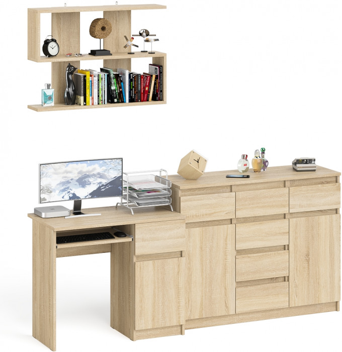 Мори компьютерный стол МС-1 правый + Комод МК1200.4 + Полка 900, дуб сонома