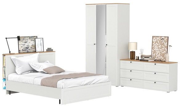 Остин 11.53 Кровать + ортопед + 13.336.03 Шкаф для одежды + 16.240 Комод, белый шагрень/дуб крафт золотой