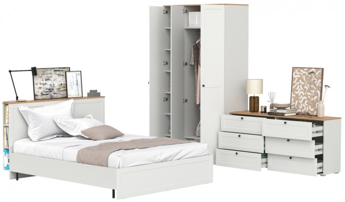 Остин 11.53 Кровать + ортопед + 13.336.03 Шкаф для одежды + 16.240 Комод, белый шагрень/дуб крафт золотой