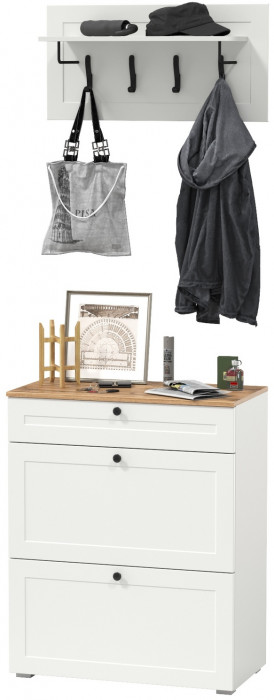 Остин 16.121 Тумба для обуви + 15.12 Вешалка, белый шагрень/дуб крафт золотой