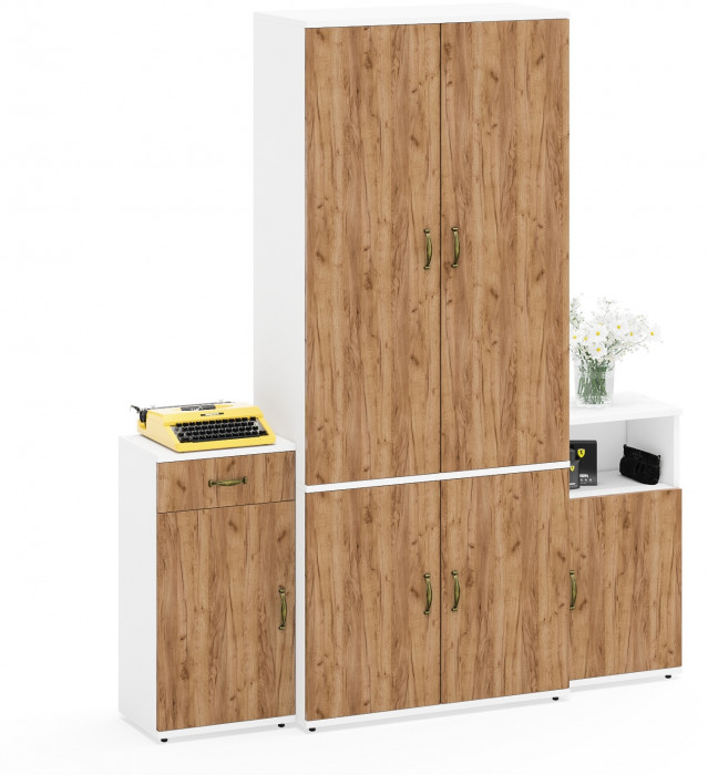 Лидер-8 Шкаф МД 20Б + Тумба МД 3.15 + Тумба МД 3.19, цвет белый шагрень/крафт золото, ШхГхВ 160х37,5х190 см., НЕ универсальная сборка