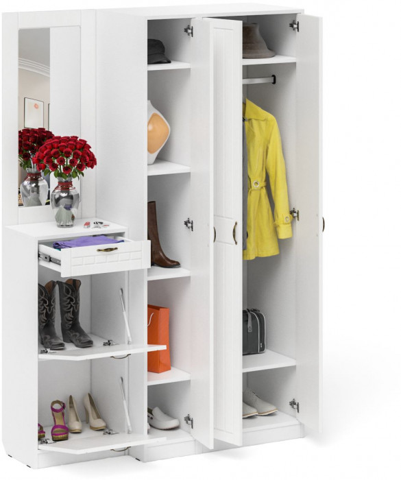 Прихожая П-6 Компоновка № 49, белая шагрень/фасады МДФ белое дерево фрезеровка прованс