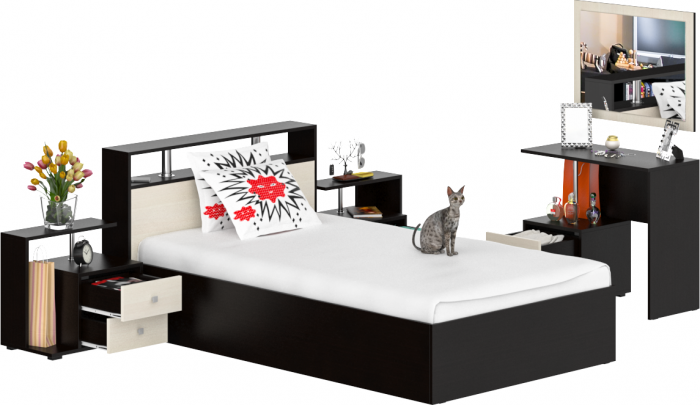 Камелия спальня № 6 Кровать 1200 + Две тумбы + Стол косметический + Зеркало, венге/дуб лоредо