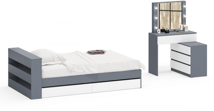 Ксения Кровать с ящиками 1200 + Стол косметический с подсветкой 110, графит/белый