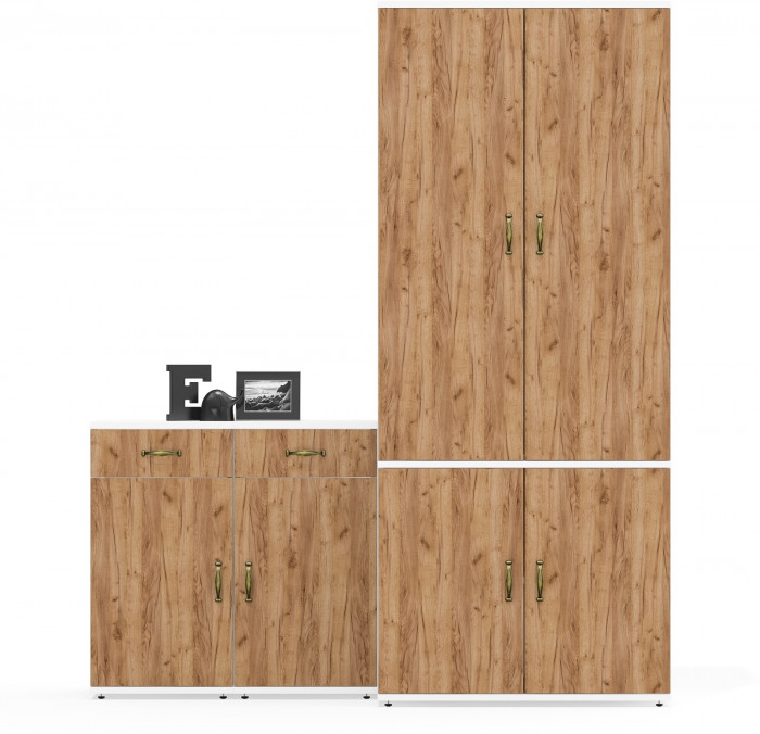 Лидер-8 Шкаф МД 19Б + Тумба МД 3.15 + Тумба МД 3.15, белый шагрень/крафт золото