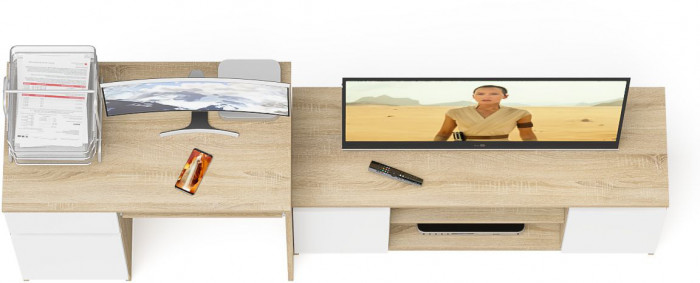 Мори компьютерный стол МС-1 левый + Тумба МТВ1200.1, дуб сонома/белый