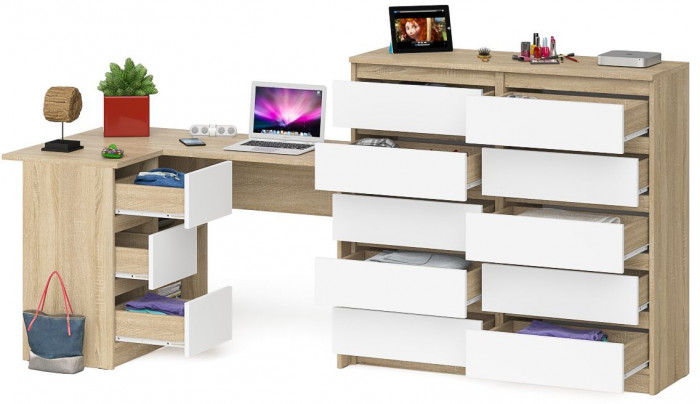 Мори компьютерный стол МС-16 левый + Комод МК1200.10, дуб сонома/белый