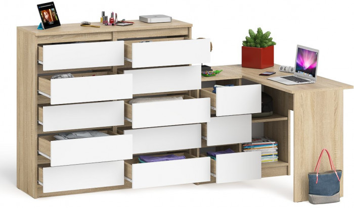 Мори компьютерный стол МС-16 левый + Комод МК1200.10, дуб сонома/белый