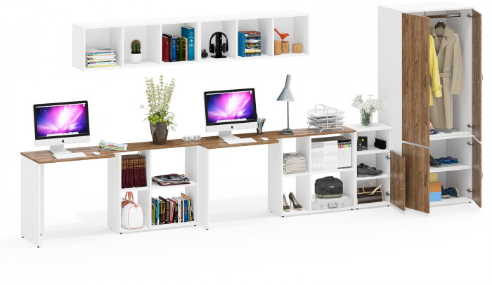 Лидер-8 Стол + Полка + Стол + Полка + Шкаф МД 19Б + Тумба МД 3.19, цвет белый шагрень/крафт золото, 450х50х75/190 или 230х200/50х75/190, НЕ ун. сб.