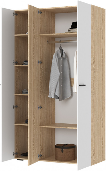 САНСА ШК-03 Шкаф 3-х створчатый Фасад БЕЛЫЙ,ДУБ СОНОМА/Корпус ДУБ СОНОМА