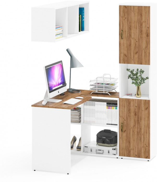 Лидер-8 Стол + Полка + Пенал, белый шагрень/крафт золото