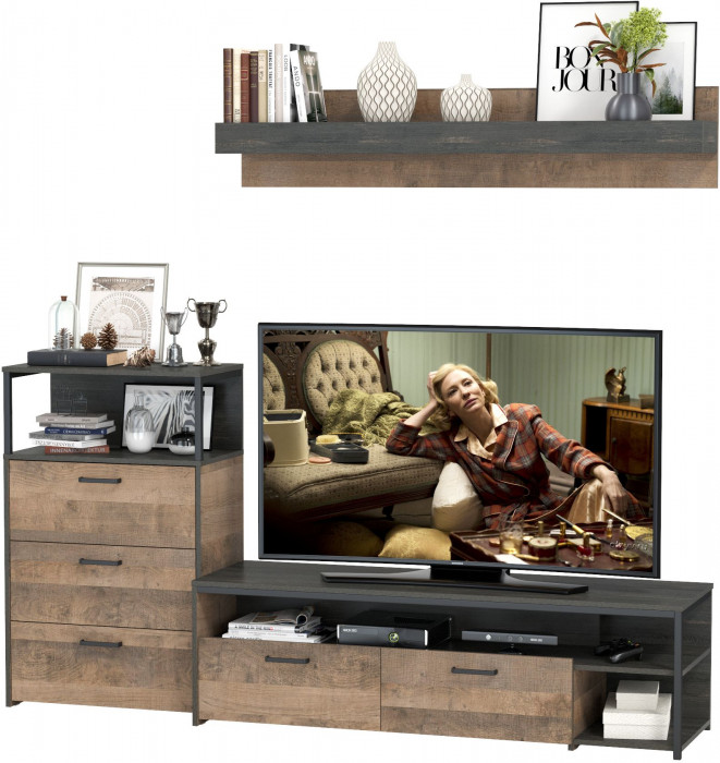 Трувор 13.70 Тумба под ТВ + 13.307.02 Комод с ящиками + 15.60 Полка, цвет дуб гранж песочный/интра, ШхГхВ 215,8х45,4х195 см., универсальная сборка