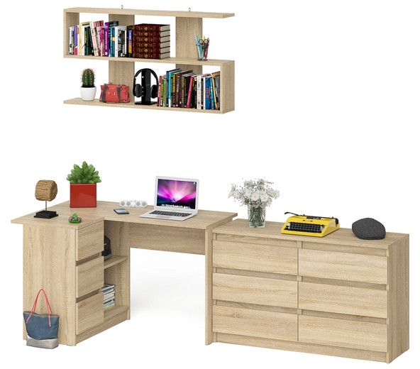 Мори компьютерный стол МС-16 левый + Комод МК1200.6 + Полка 1200, дуб сонома