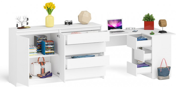 Мори компьютерный стол МС-16 правый + Комод МК1600.1, белый