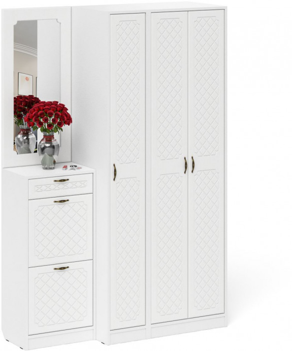 Прихожая П-6 Компоновка № 49, белая шагрень/фасады МДФ белое дерево фрезеровка ромб