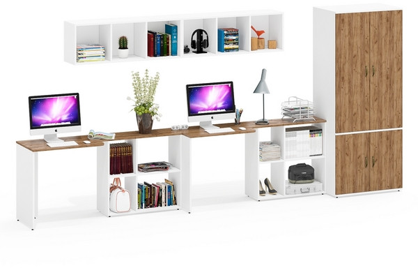 Лидер-8 Стол + Полка + Стол + Полка + Шкаф МД 19Б, цвет белый шагрень/крафт золото, ШхГхВ 410х50х75/190 или 230х160/50х75/190 см., НЕ ун. сборка