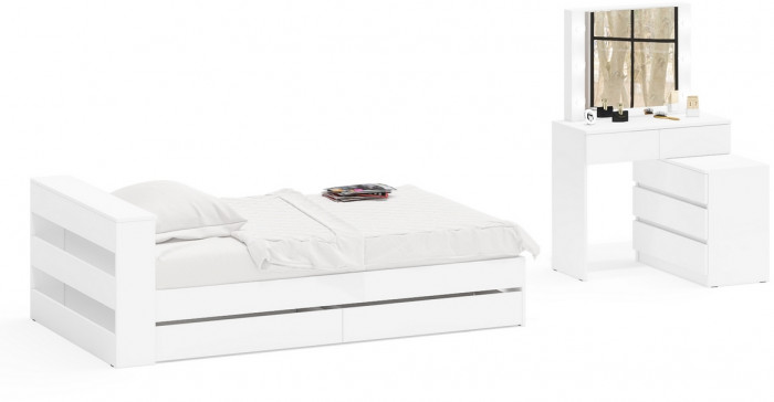 Ксения Кровать с ящиками 1200 + Стол косметический с подсветкой 110, белый