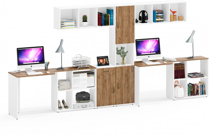 Лидер-8 Стол + Полка + Стол + Полка + Пенал + Тумба МД 3.15, белый шагрень/крафт золото