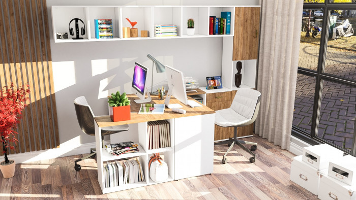 Лидер-8 Стол + Полка + Стол + Полка + Пенал + Тумба МД 3.15, белый шагрень/крафт золото